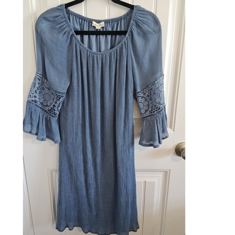 Women Size Medium Indigo Rose Boho Cottagecore Blue Crochet Lace Gauze Dress